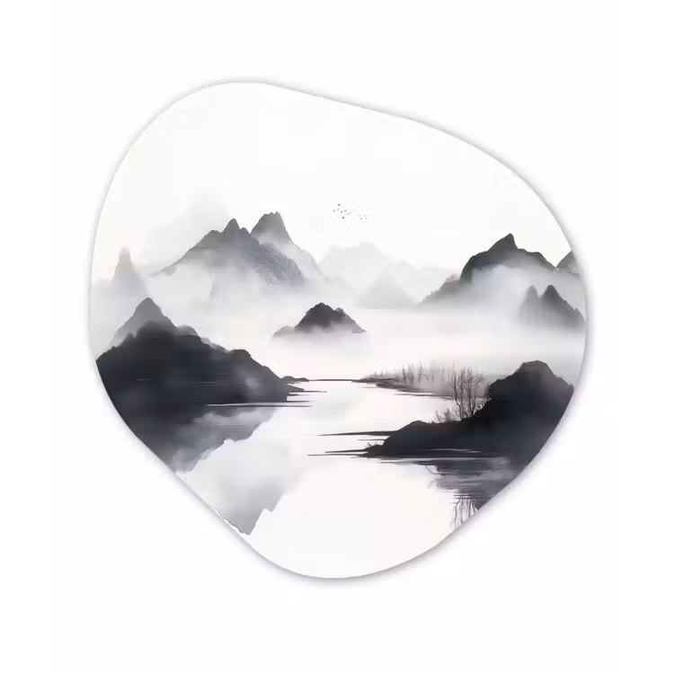 Bergen - Mistig - Water - Wit Wandcirkel Organisch Aluminium middel -3d