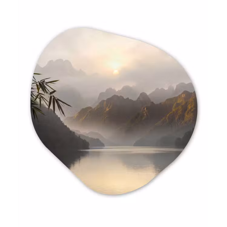 Bergen - Water - Mist - Natuur - Landschap Wandcirkel Organisch Aluminium middel -3d