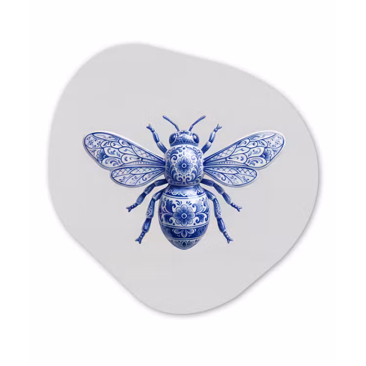 Bij - Modern - Delfts - Blauw Wandcirkel Organisch Aluminium middel -3d