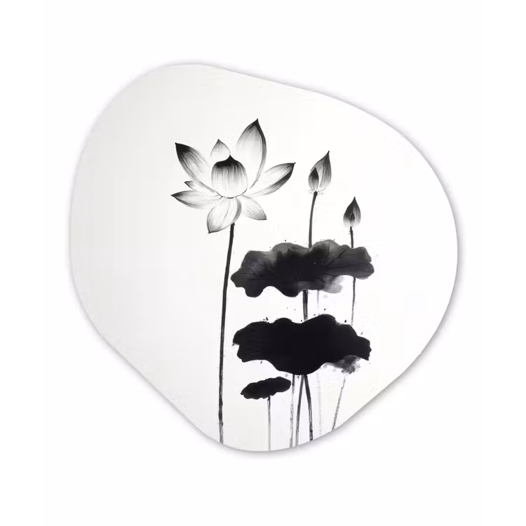 Bladeren - Zwart - Lotusbloem - Minimalitisch Wandcirkel Organisch Aluminium middel -3d