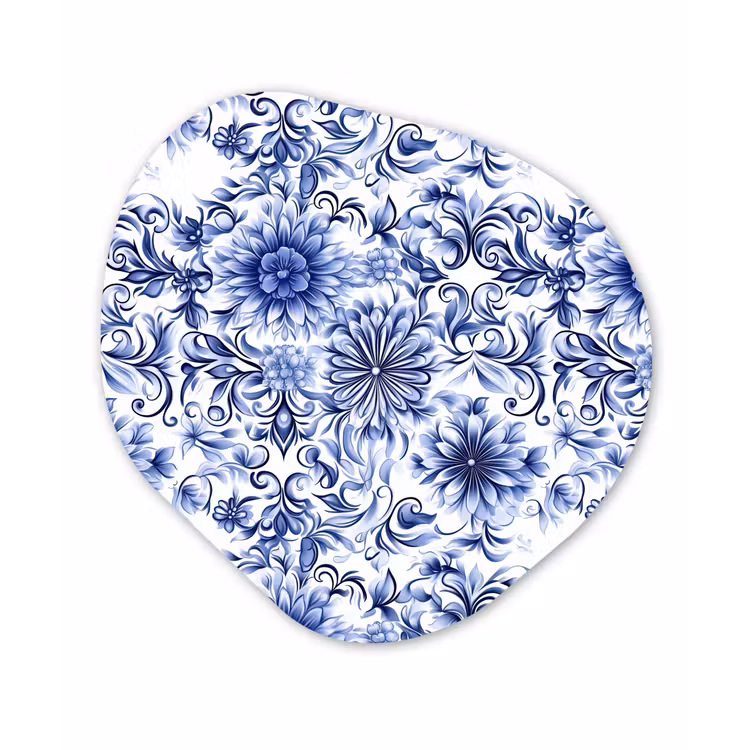 Bloemen - Blauw - Patroon - Wit Wandcirkel Organisch Aluminium middel 851 -3d