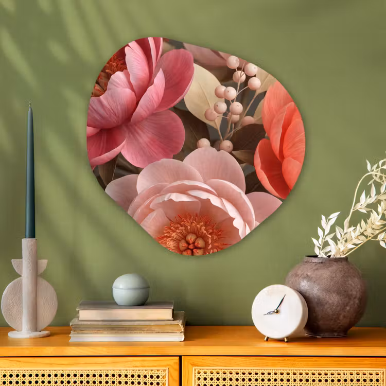 Bloemen - Bloesem - Zacht - Koraal - Decoratie Wandcirkel Organisch Aluminium middel -sfeer2