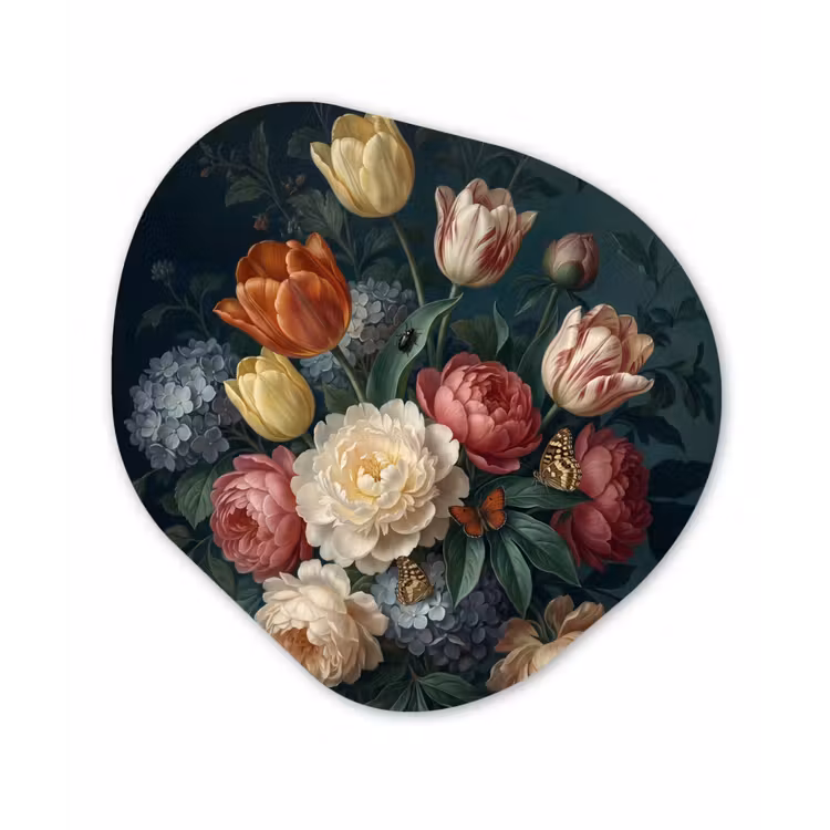 Bloemen - Boeket - Natuur - Klassiek - Donker Wandcirkel Organisch Aluminium middel -3d