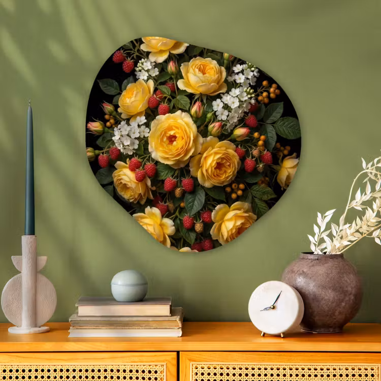 Bloemen - Boeket - Natuur - Klassiek - Geel Wandcirkel Organisch Aluminium middel -sfeer2
