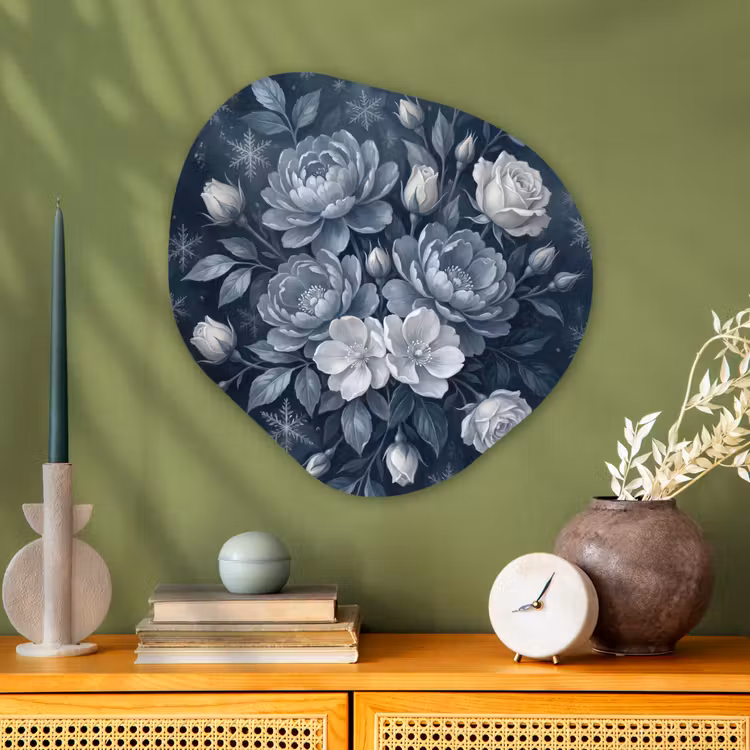 Bloemen - Boeket - Winter - Abstract - Blauw Wandcirkel Organisch Aluminium middel -sfeer2