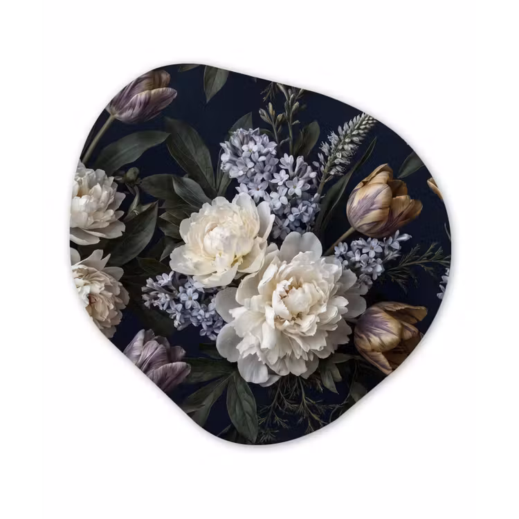 Bloemen - Donker - Elegant - Natuur - Wit Wandcirkel Organisch Aluminium middel -3d