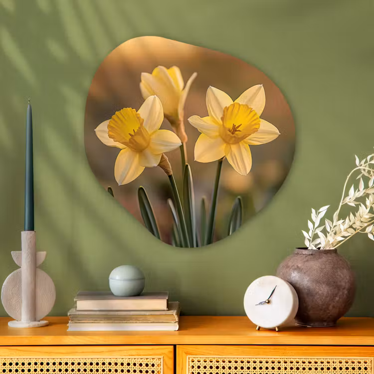 Bloemen - Geel - Wazig Wandcirkel Organisch Aluminium middel -sfeer2