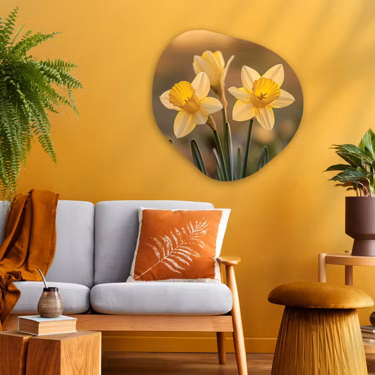 Bloemen - Geel - Wazig Wandcirkel Organisch Aluminium middel -sfeer4