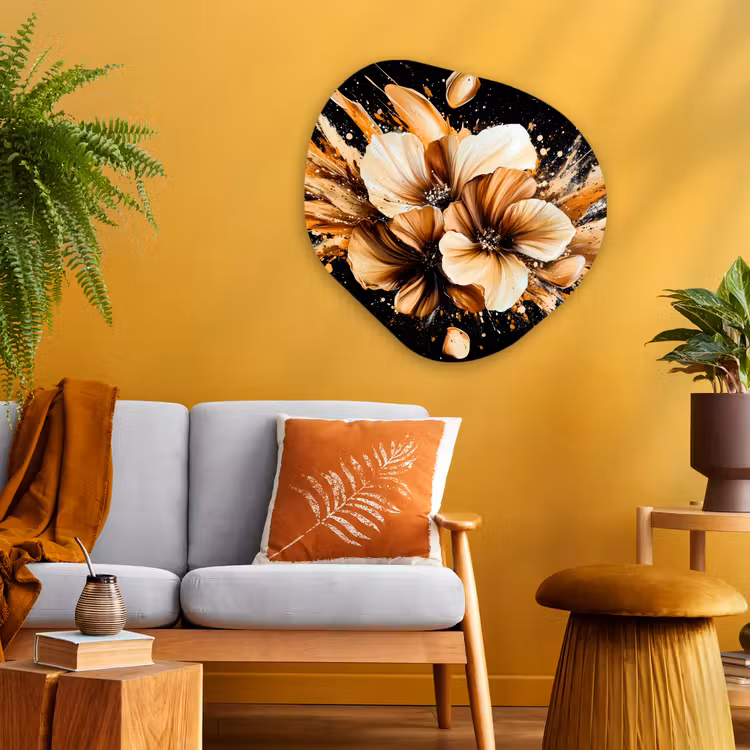 Bloemen - Goud - Graffiti - Zwart - Abstract Wandcirkel Organisch Aluminium middel -sfeer4