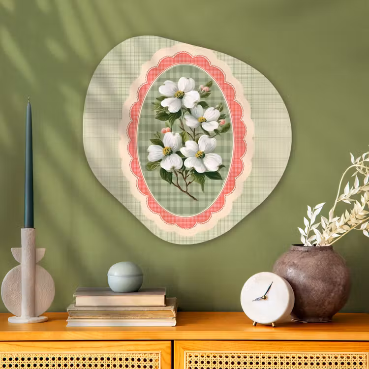 Bloemen - Illustratie - Geruit - Groen Wandcirkel Organisch Aluminium middel -sfeer2