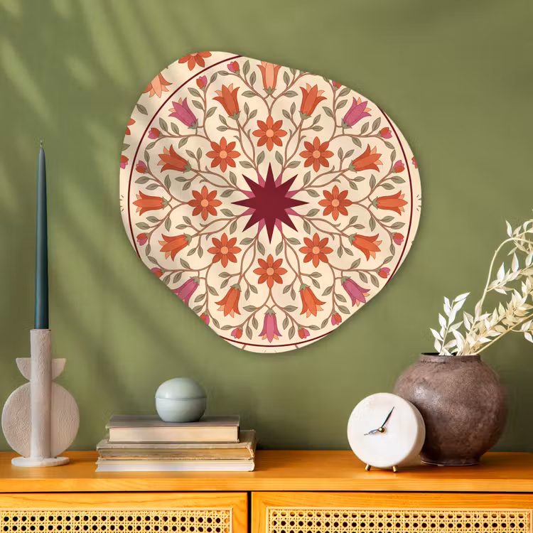 Bloemen - Mandala - Decoratief - Rood Wandcirkel Organisch Aluminium middel -sfeer2