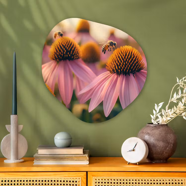 Bloemen - Paars - Bijen Wandcirkel Organisch Aluminium middel -sfeer2
