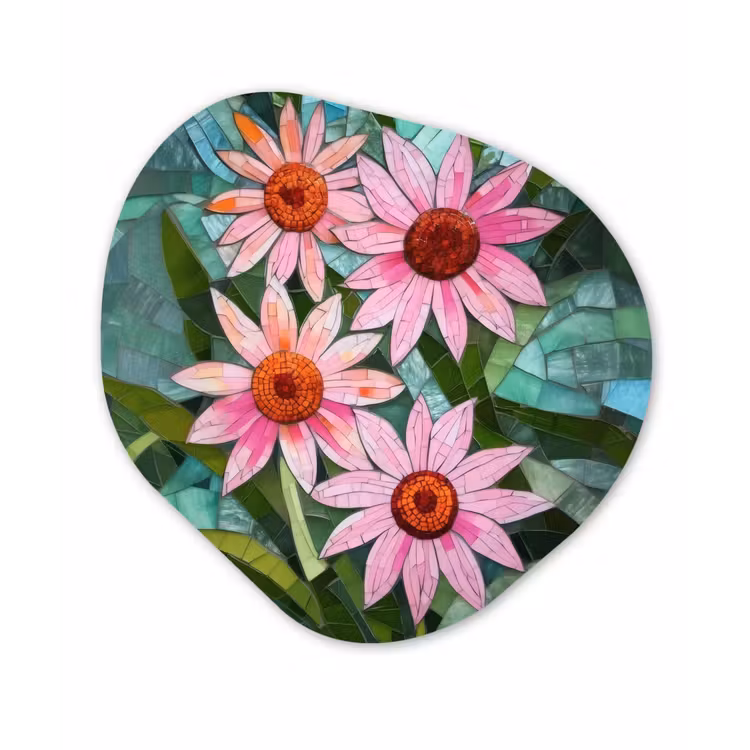 Bloemen - Roze - Glasmozaïek Wandcirkel Organisch Aluminium middel -3d