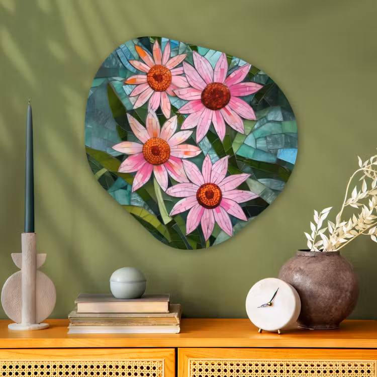Bloemen - Roze - Glasmozaïek Wandcirkel Organisch Aluminium middel -sfeer2
