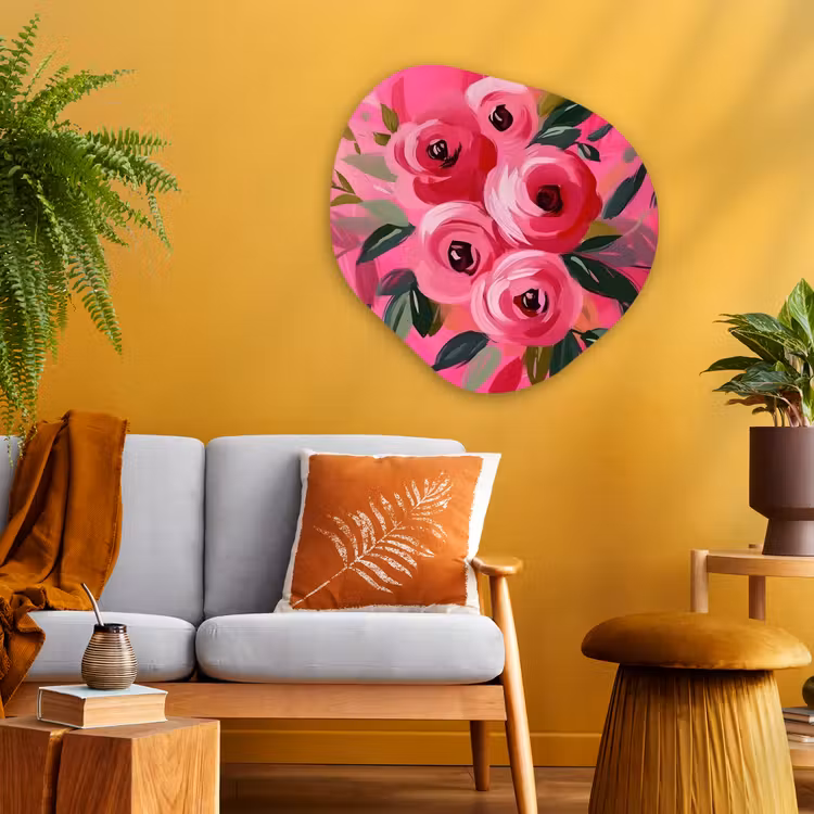 Bloemen - Verf - Roze Wandcirkel Organisch Aluminium middel -sfeer4