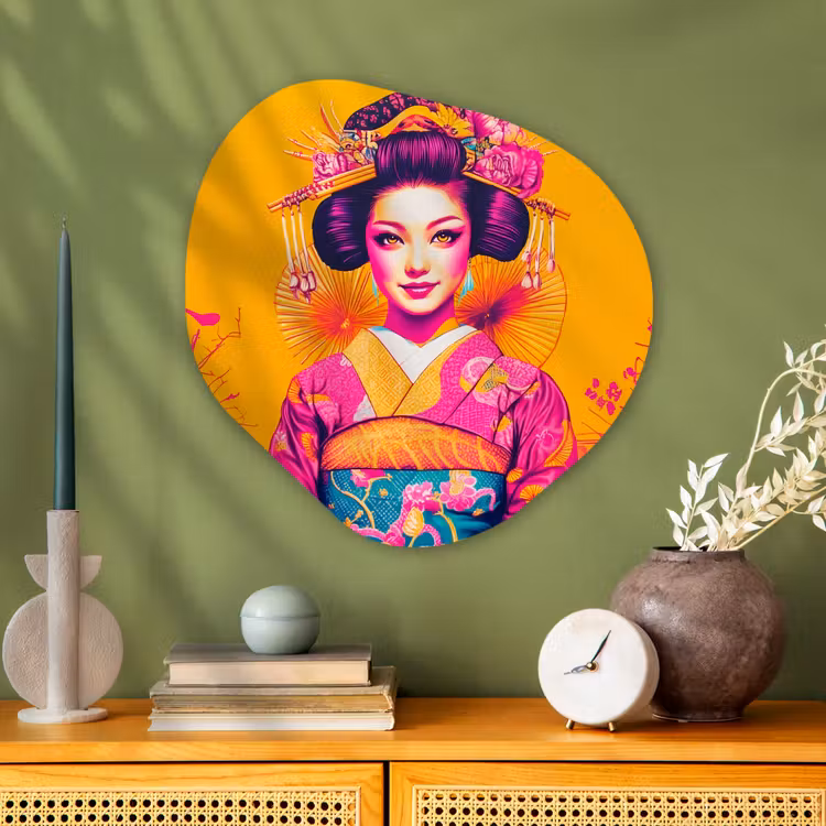Bloemen - Vrouw - Kimono - Roze Wandcirkel Organisch Aluminium middel -sfeer2