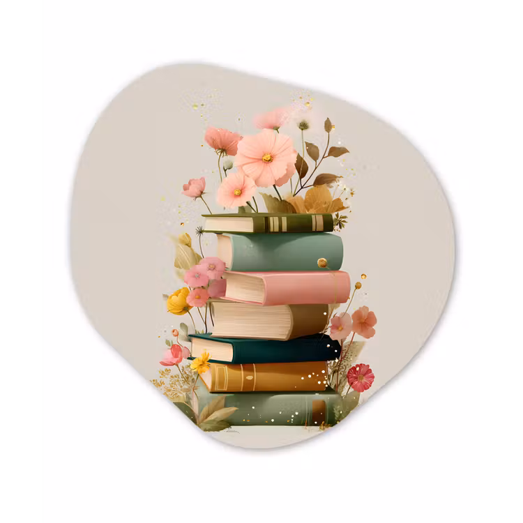 Boeken - Stapel - Bloemen - Kleurrijk Wandcirkel Organisch Aluminium middel -3d