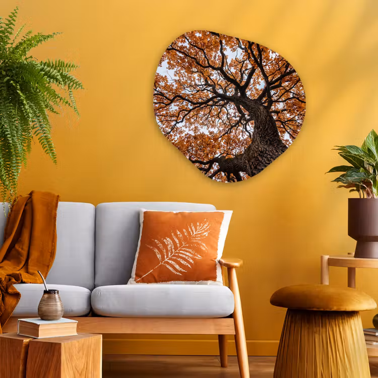Boom - Bladerdak - Herfst - Oranje - Sfeervol Wandcirkel Organisch Aluminium middel -sfeer4