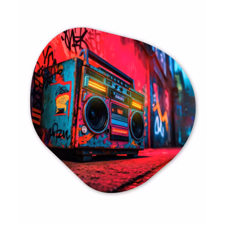 Boombox - Rood - Graffiti - Neon Wandcirkel Organisch Aluminium middel -3d
