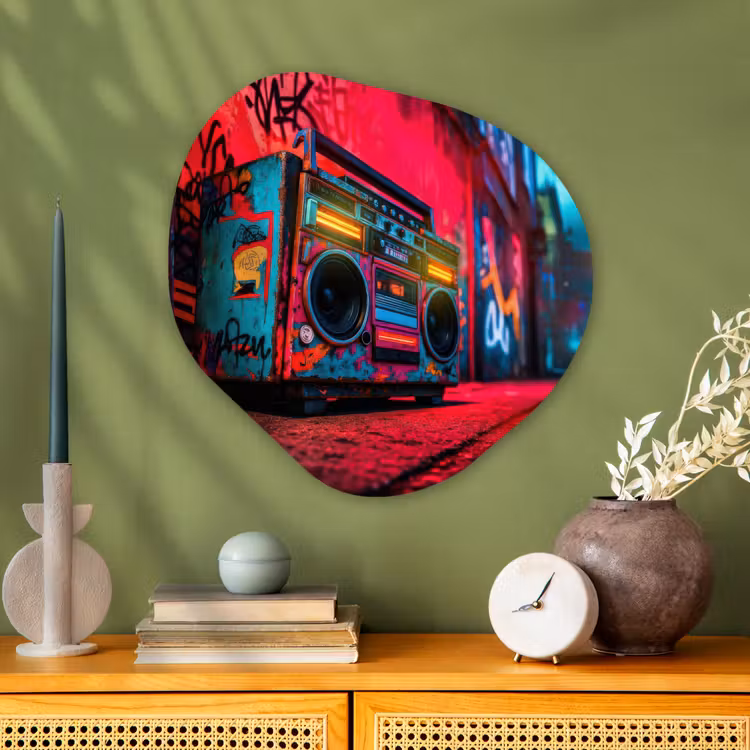 Boombox - Rood - Graffiti - Neon Wandcirkel Organisch Aluminium middel -sfeer2