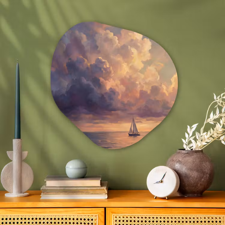 Boot - Zonsondergang - Zee - Natuur - Goud Wandcirkel Organisch Aluminium middel -sfeer2