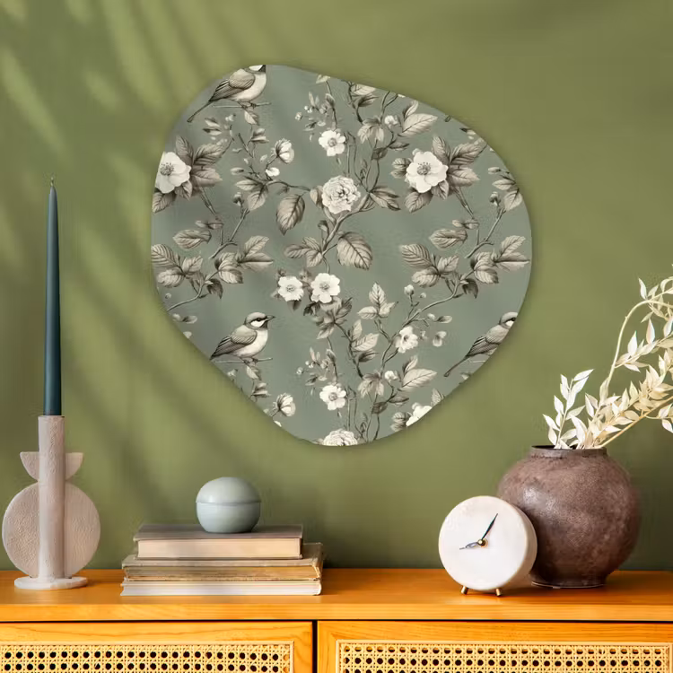 Botanisch - Vogels - Groen Wandcirkel Organisch Aluminium middel 851 -sfeer2