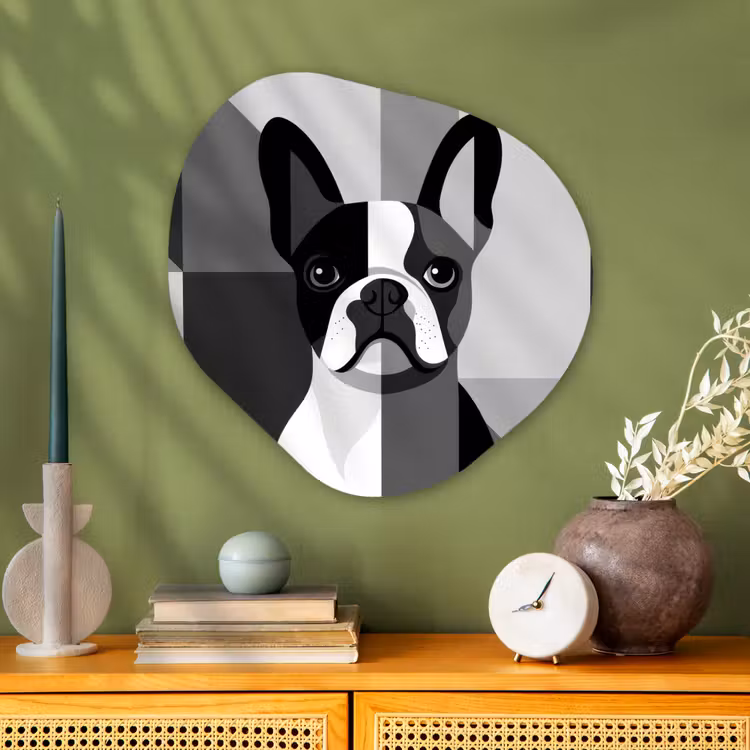 Buldog - Zwart - Abstract - Vlakken Wandcirkel Organisch Aluminium middel -sfeer2