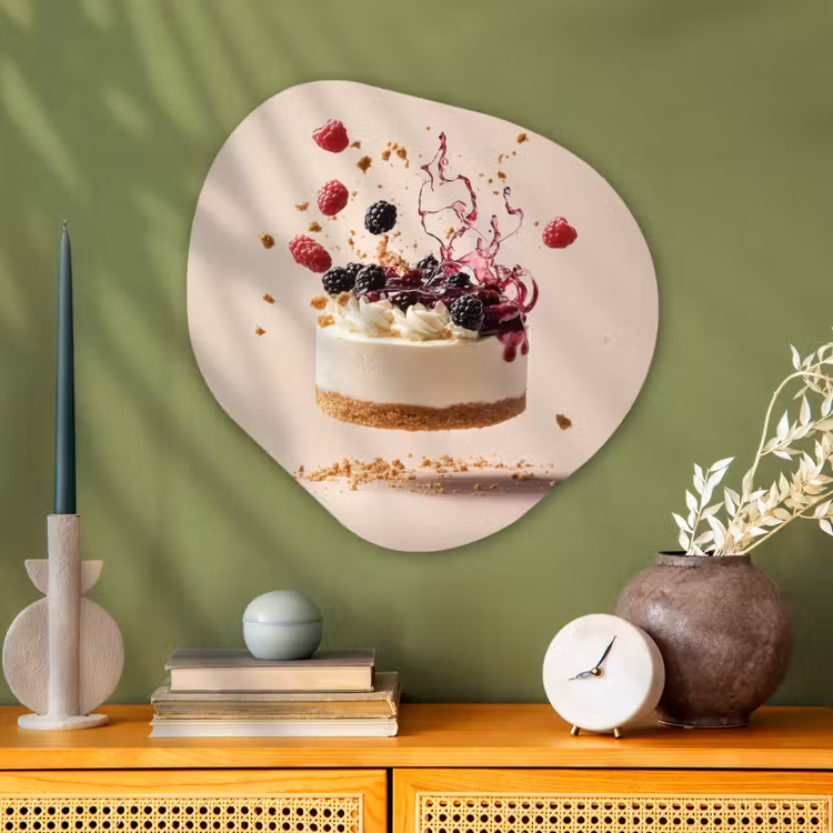 Cheesecake - Eten - Roze - Taart Wandcirkel Organisch Aluminium middel -sfeer2