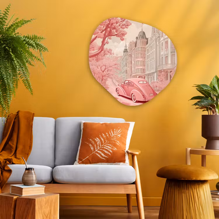 City - Car - Pink Wandcirkel Organisch Aluminium middel -sfeer4