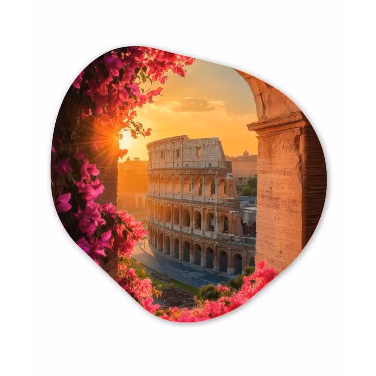 Colosseum - Rome - Roze Bloemen Wandcirkel Organisch Aluminium middel -3d
