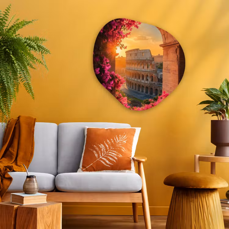 Colosseum - Rome - Roze Bloemen Wandcirkel Organisch Aluminium middel -sfeer4