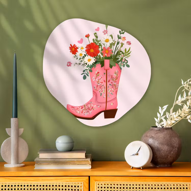 Cowboylaarzen - Roze - Boeket - Bloemen Wandcirkel Organisch Aluminium middel -sfeer2