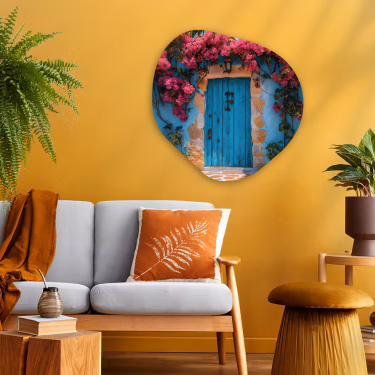Deur - Hout - Bloemen - Blauw Wandcirkel Organisch Aluminium middel -sfeer4