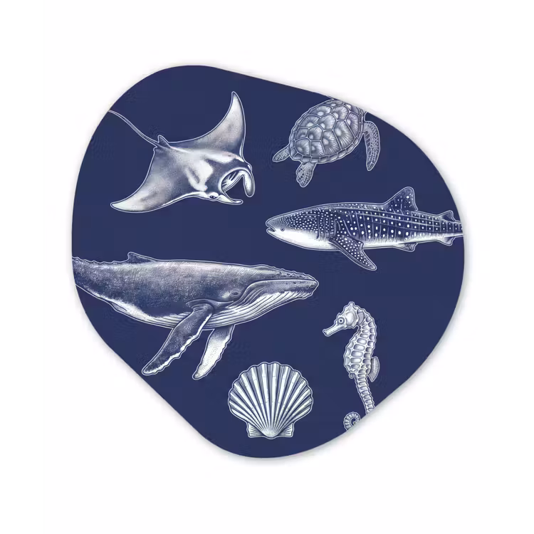 Dieren - Zeeleven - Oceaan - Graveren - Blauw Wandcirkel Organisch Aluminium middel -3d