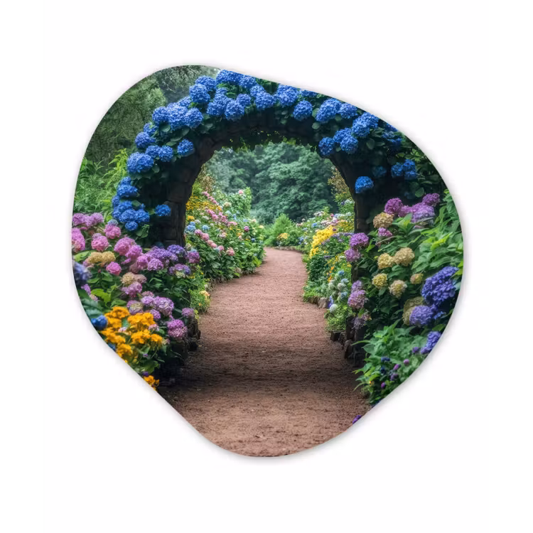 Doorkijk - Bloemen - Hortensia - Pad Wandcirkel Organisch Aluminium middel -3d