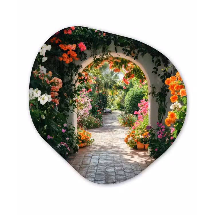 Doorkijk - Bloemen - Natuur - Bloementuin Wandcirkel Organisch Aluminium middel -3d