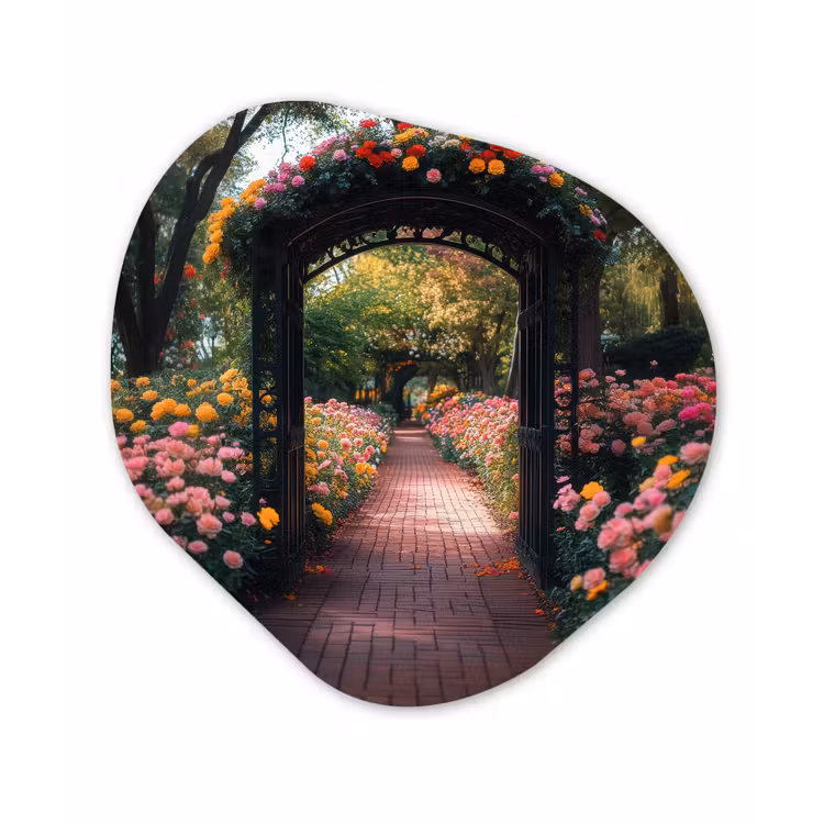 Doorkijk - Bloemen - Pad - Natuur - Kleurrijk Wandcirkel Organisch Aluminium middel -3d