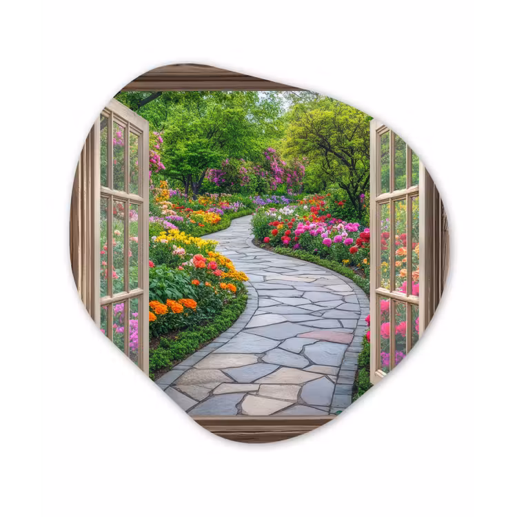 Doorkijk - Bloemen - Tuinpad - Natuur - Raam Wandcirkel Organisch Aluminium middel -3d
