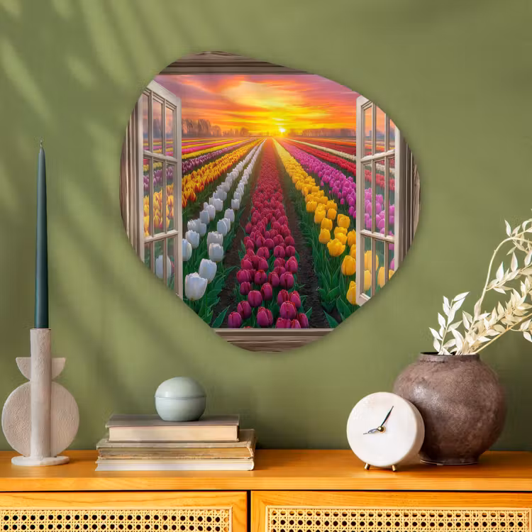 Doorkijk - Bloemen - Tulpen - Kleurrijk - Zonsondergang Wandcirkel Organisch Aluminium middel -sfeer2