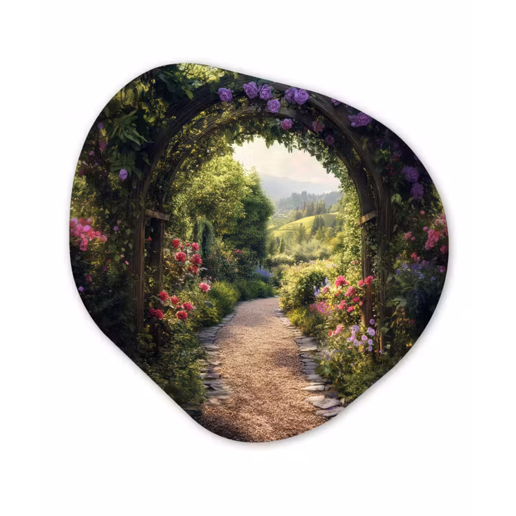Doorkijk - Landschap - Bloemen - Tuinboog - Natuur Wandcirkel Organisch Aluminium middel -3d