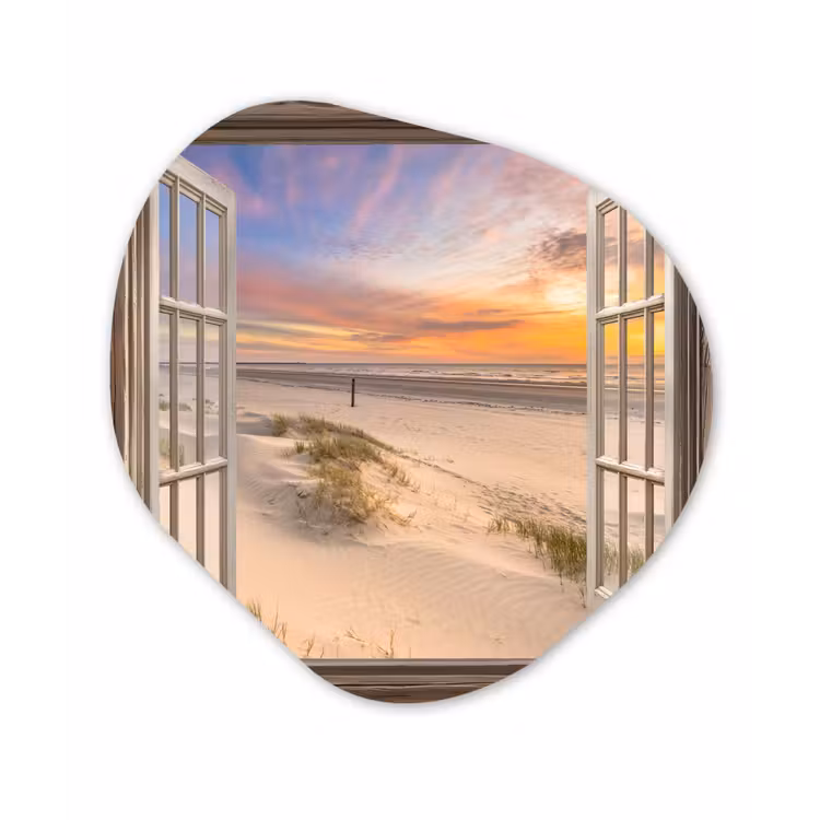 Doorkijk - Strand - Duinen - Natuur - Landschap Wandcirkel Organisch Aluminium middel -3d