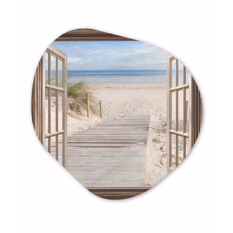 Doorkijk - Strand - Duinen - Pad - Landschap Wandcirkel Organisch Aluminium middel -3d