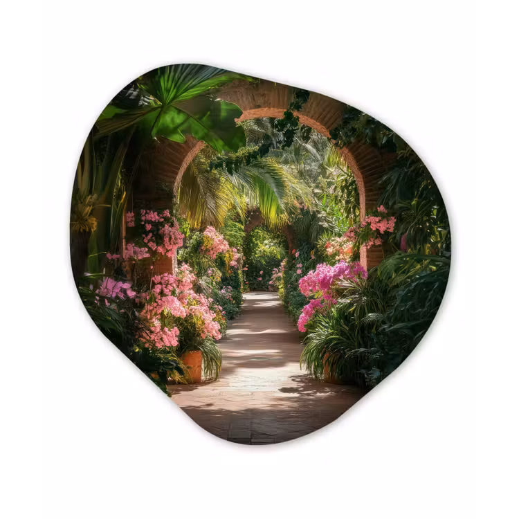 Doorkijk - Tropisch - Bloemen - Natuur Wandcirkel Organisch Aluminium middel -3d