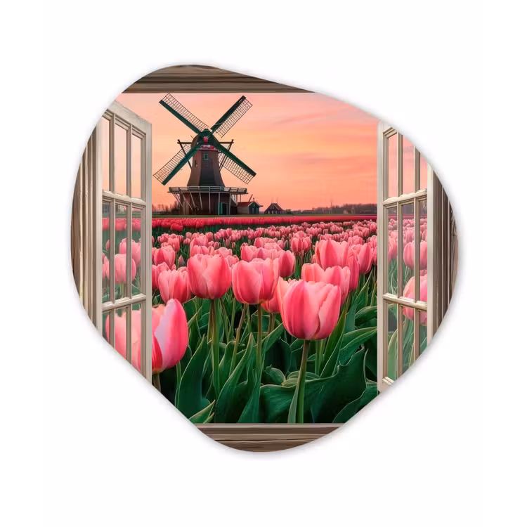 Doorkijk - Tulpen - Bloemen - Molen - Raam Wandcirkel Organisch Aluminium middel -3d
