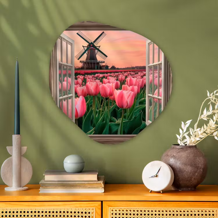 Doorkijk - Tulpen - Bloemen - Molen - Raam Wandcirkel Organisch Aluminium middel -sfeer2