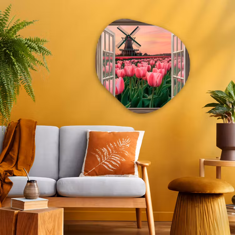 Doorkijk - Tulpen - Bloemen - Molen - Raam Wandcirkel Organisch Aluminium middel -sfeer4