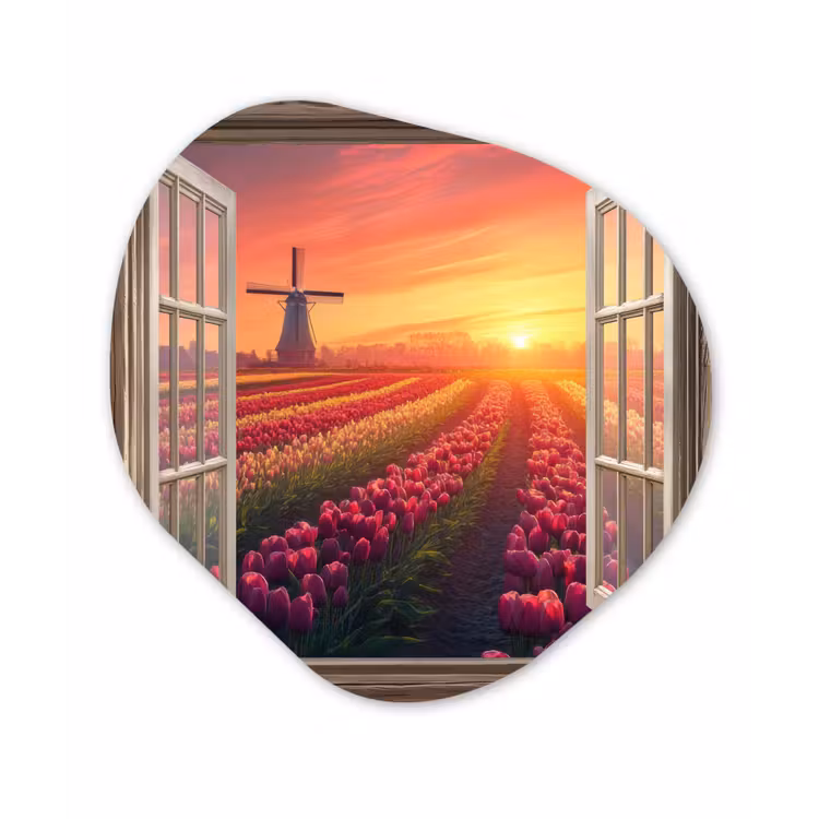 Doorkijk - Tulpen - Zonsondergang - Bloemen - Kleurrijk Wandcirkel Organisch Aluminium middel -3d