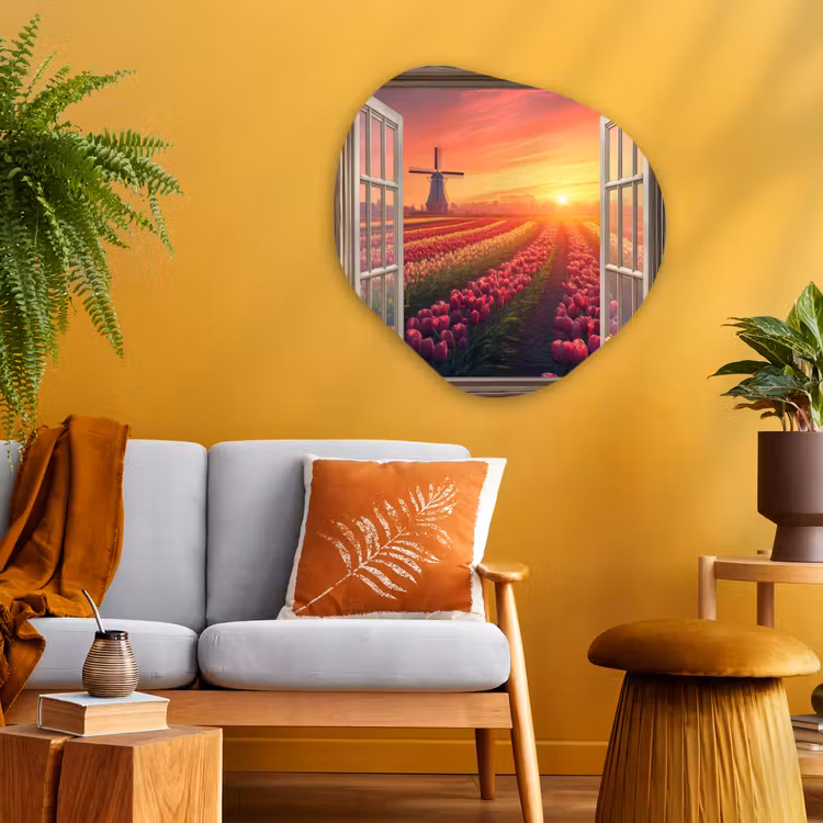 Doorkijk - Tulpen - Zonsondergang - Bloemen - Kleurrijk Wandcirkel Organisch Aluminium middel -sfeer4