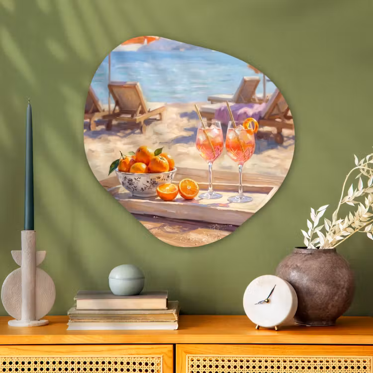 Drank - Glazen - Strand - Zomer - Oranje Wandcirkel Organisch Aluminium middel -sfeer2