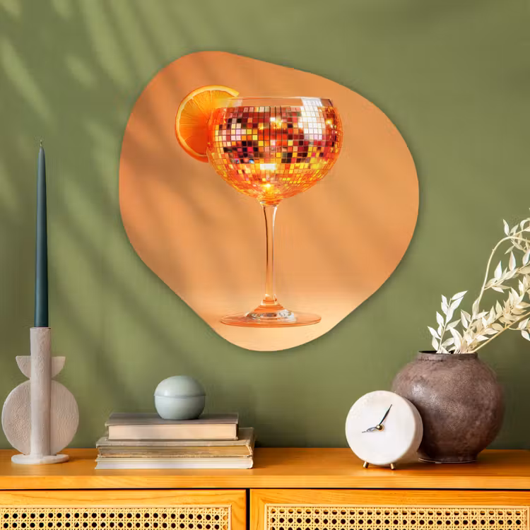 Drank - Oranje - Glitter - Disco Wandcirkel Organisch Aluminium middel -sfeer2